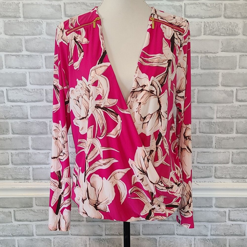 INC International Concepts Fuchsia Floral Surplice Long Sleeve Top
